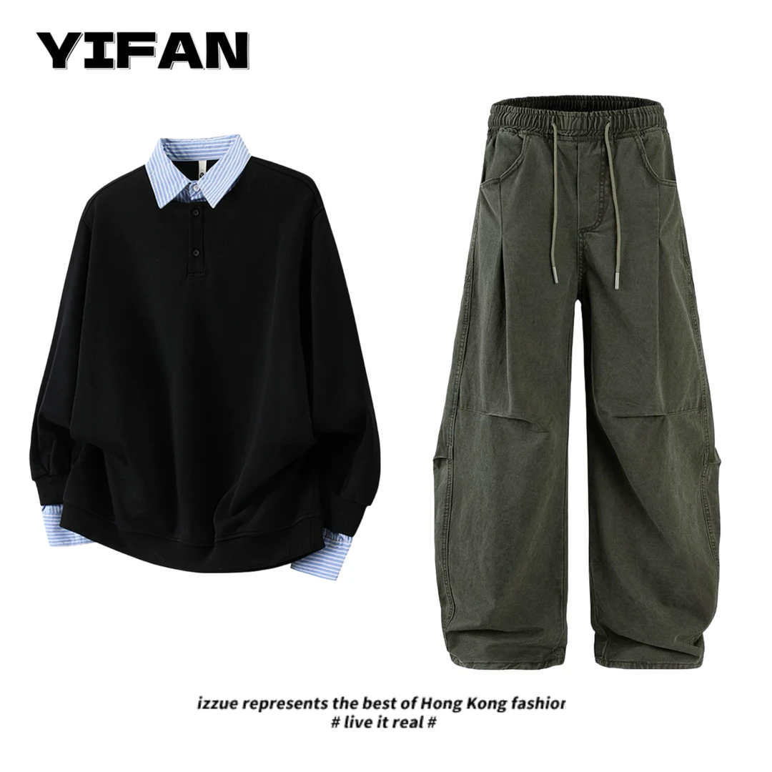 美式假两件衬衫领卫衣男款秋冬撞色拼接长袖上衣衫痞帅青少年外套