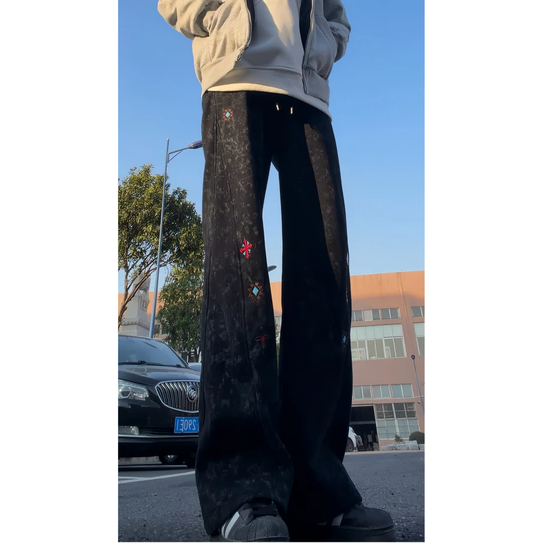美式扎染刺绣休闲裤男秋冬加绒加厚斜切弯刀卫裤设计感vibe运动裤