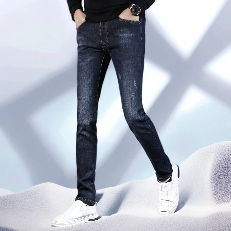 宾斯洛特蓝色加绒牛仔裤男冬季修身小脚新款弹力加厚保暖男士裤子