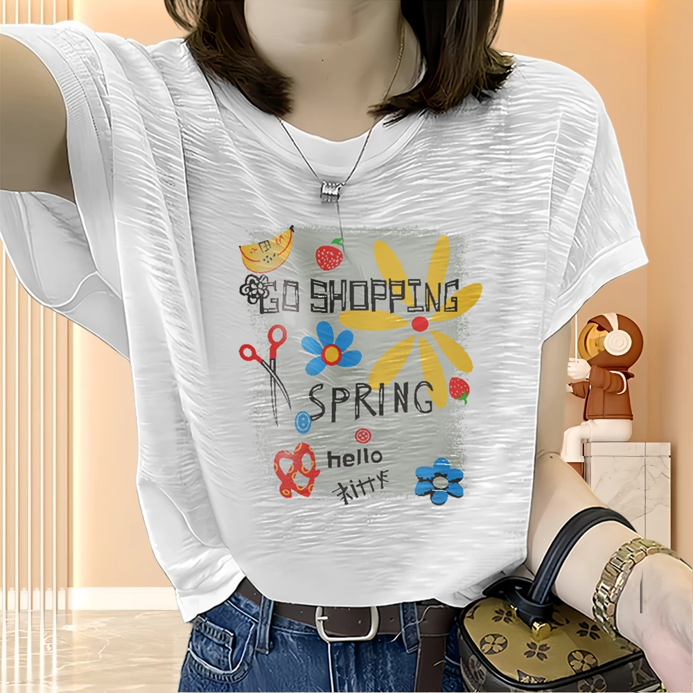 夏圆领百搭卡通印花甜美可爱风格衣服竹节棉短袖女款爆款2025新款