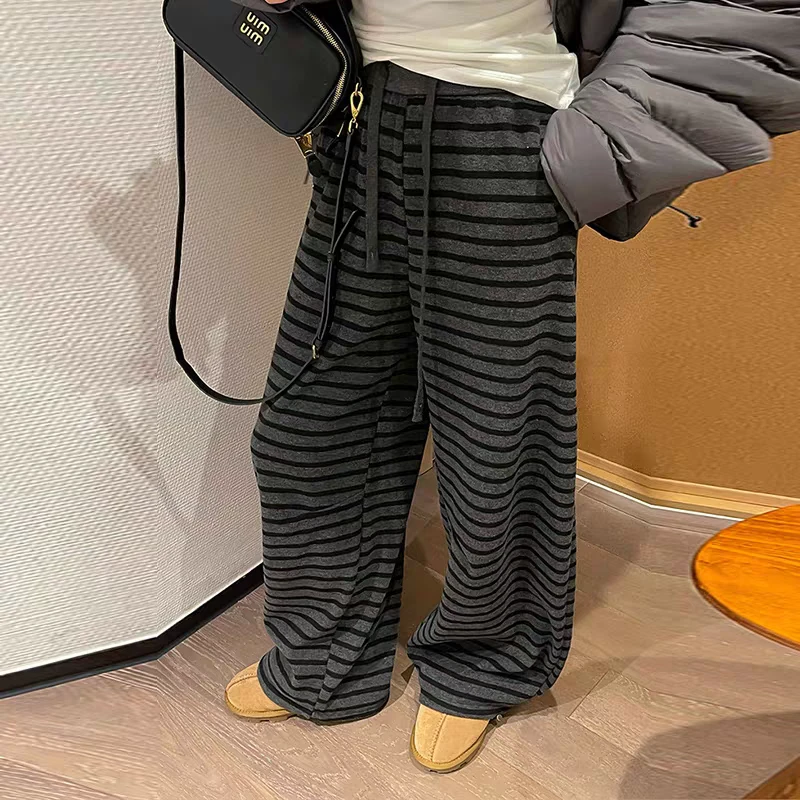 5526#腰头小标松紧腰抽绳条纹休闲卫裤女秋冬新款洋气百搭