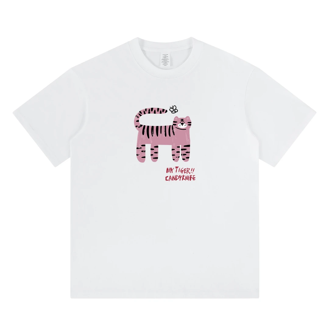 2025新款夏季短袖圆领宽松粉色老虎印花t恤女半袖纯棉潮流休闲tee