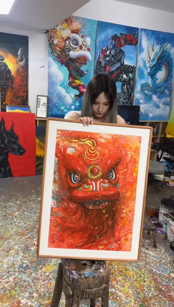 丙烯画懒洋洋老师朱砂醒狮精装裱