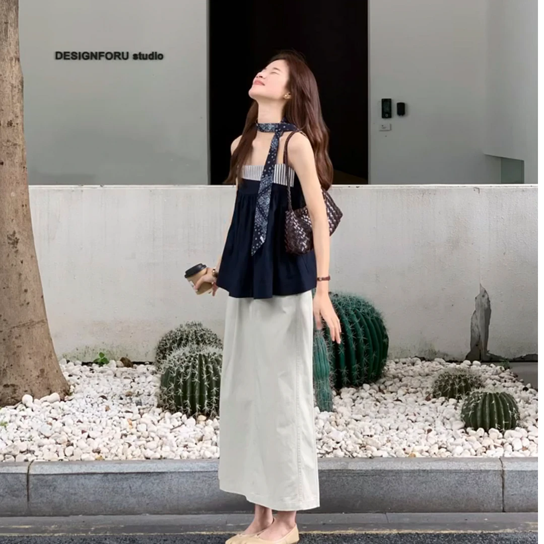 MARIE.COCO法式撞色条纹拼接无袖抹胸背心a摆上衣半身裙两件套