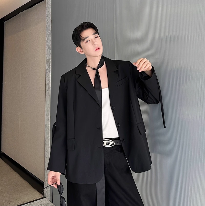 2025秋冬走秀款小众抽绳飘带设计感西装外套男韩版百搭痞帅西服潮
