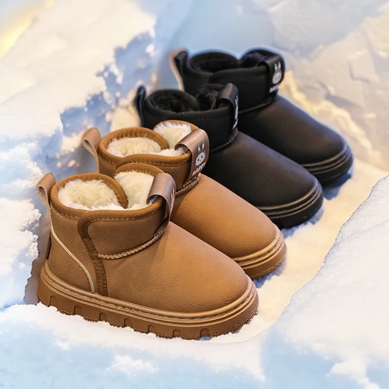 儿童雪地靴2025冬季新款加绒加厚男女童保暖大棉鞋防水皮面美