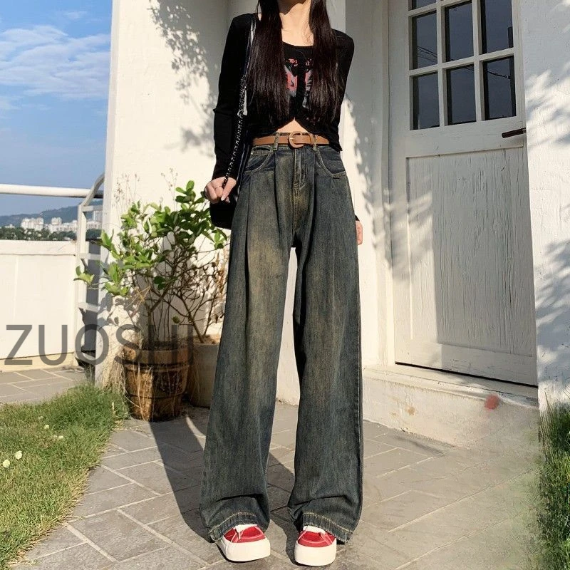 2025年春季大码显高显瘦百搭复古阔腿高腰宽松阔腿牛仔直筒裤子女