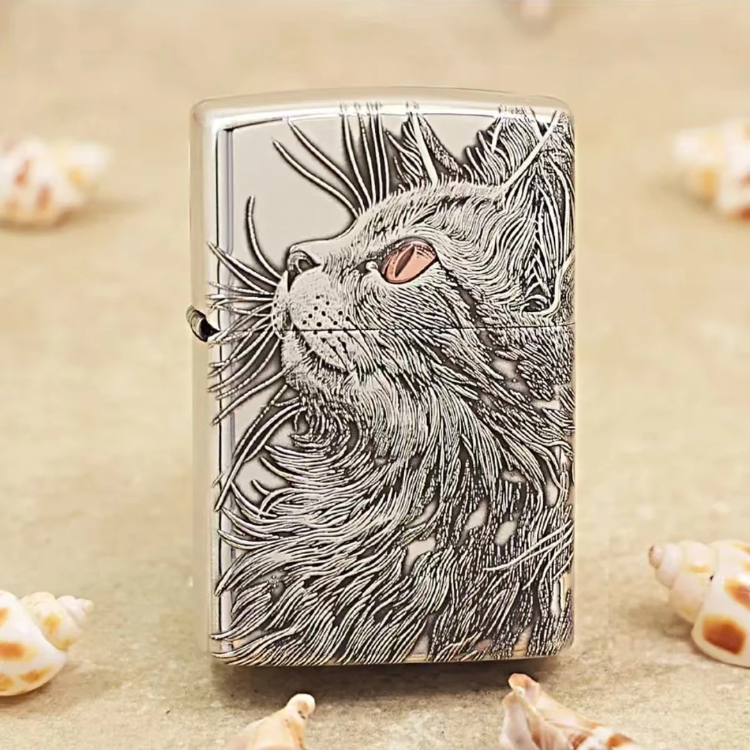 ZIPPO/之宝打火机仰望星空睡猫白铜套壳创意男士礼物防风煤油DYJ1