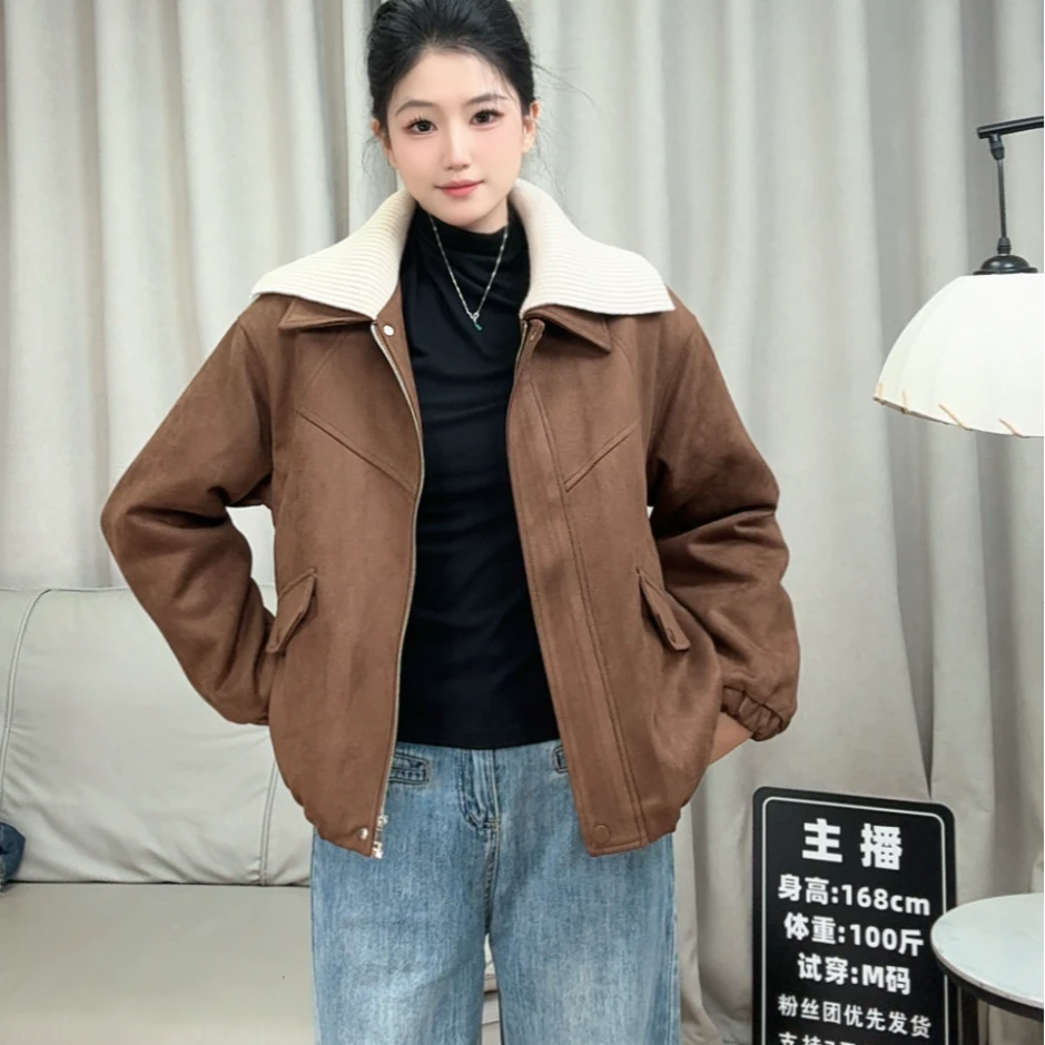 冬季新款牛皮绒翻领针织加绒加厚韩版百搭外套时尚女款夹克外套