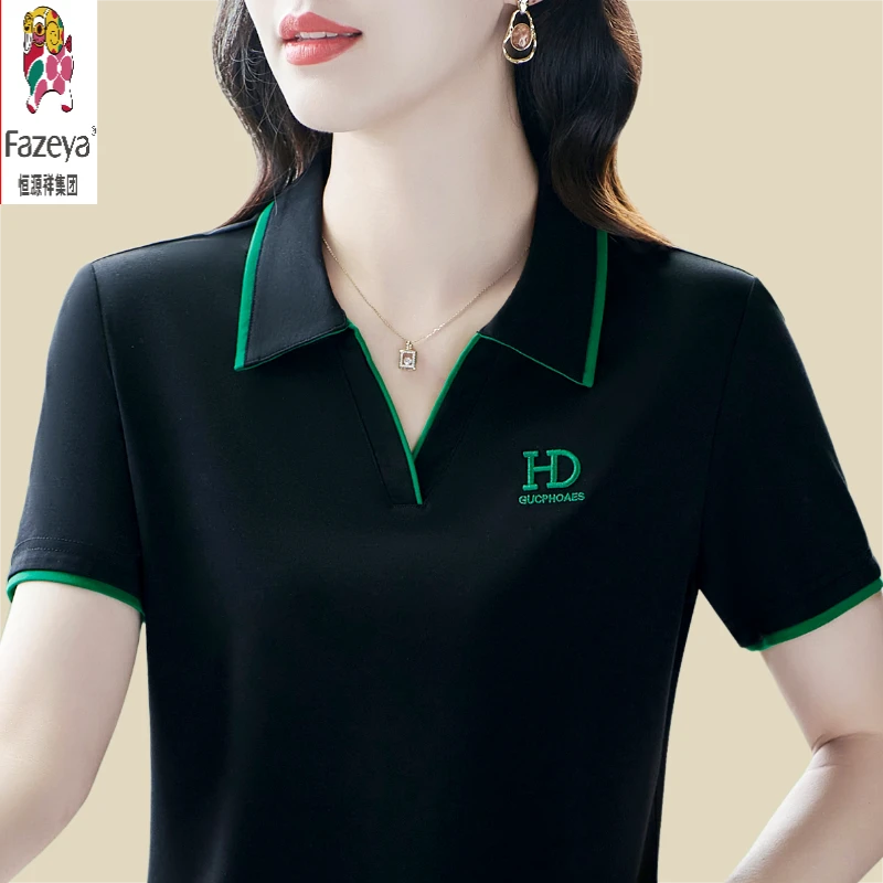 恒源祥彩羊2025新款妈妈翻领短袖t恤衫女夏季POLO衫带领时尚上衣