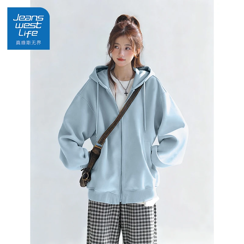 真维斯无界早春宽松连帽卫衣开衫女学院风减龄百搭日常休闲外套女