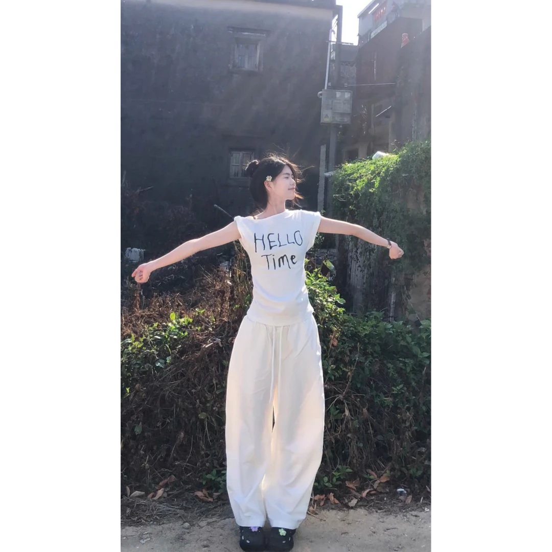 INS CEC美式甜辣白色斜肩扭结字母上衣夏季韩系白色阔腿裤套装