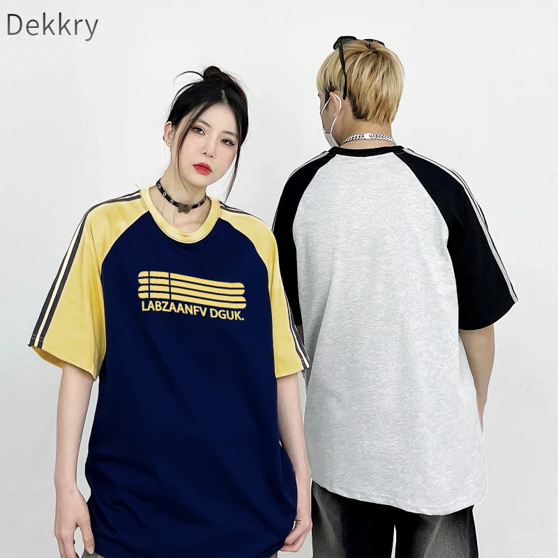 Dekkry拼接字母短袖T恤半袖透气大码宽松撞色夏季时尚休闲百搭