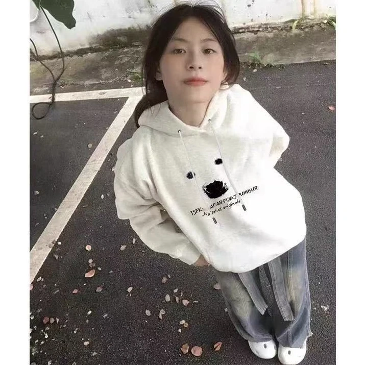 连帽卫衣潮流慵懒风加绒加厚休闲秋冬宽松型长袖百搭学生印花卡通