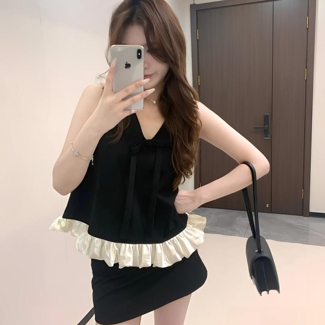 ChenZi橙籽 韩系千金无袖蝴蝶结荷叶边珍珠钉珠上衣+半裙套装