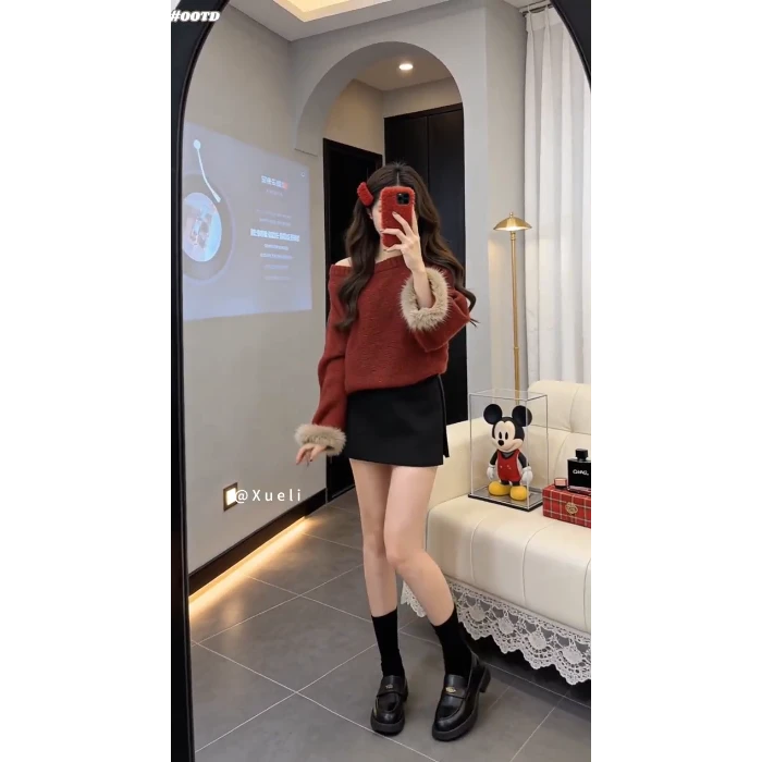 过年穿搭一整套装女2026新款宽松斜肩针织衫毛衣百搭短裙两件套
