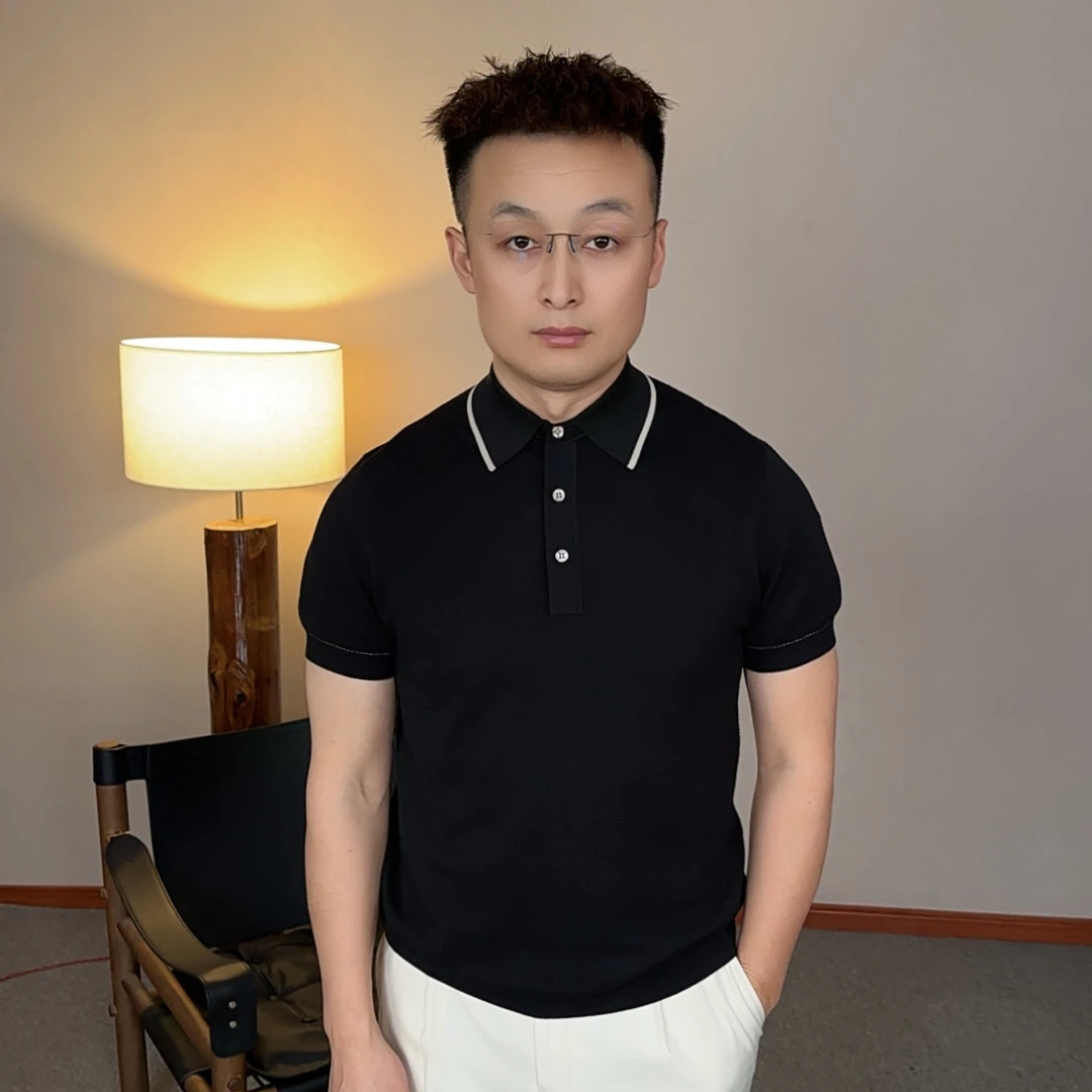 桑蚕丝POLO领针织短袖男士休闲夏季百搭半袖翻领商务修身菠萝针