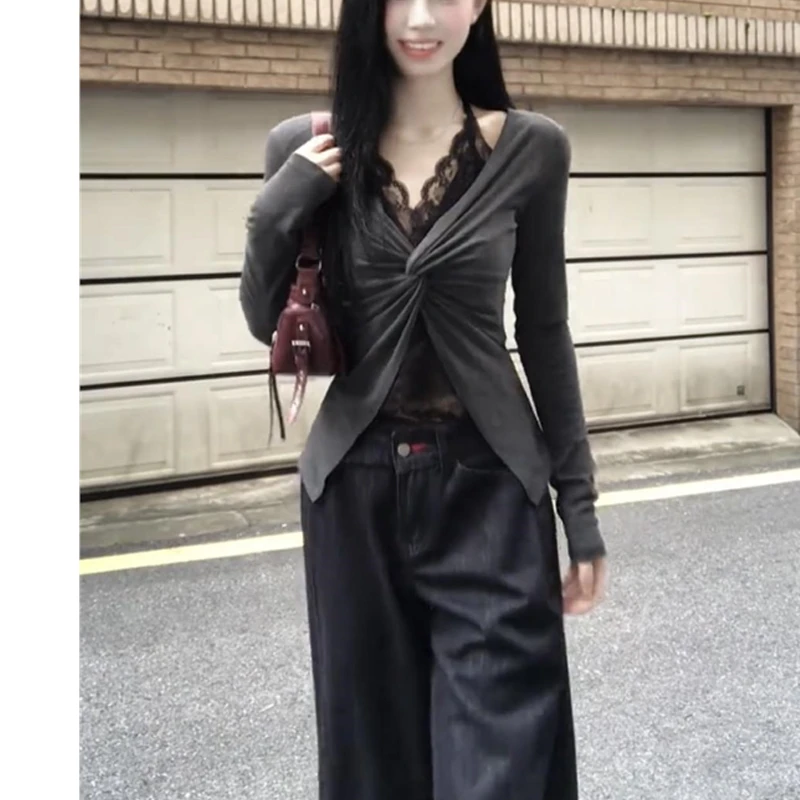 大码蕾丝拼接长袖t恤女秋季新款遮肉显瘦假两件打底衫上衣-10071