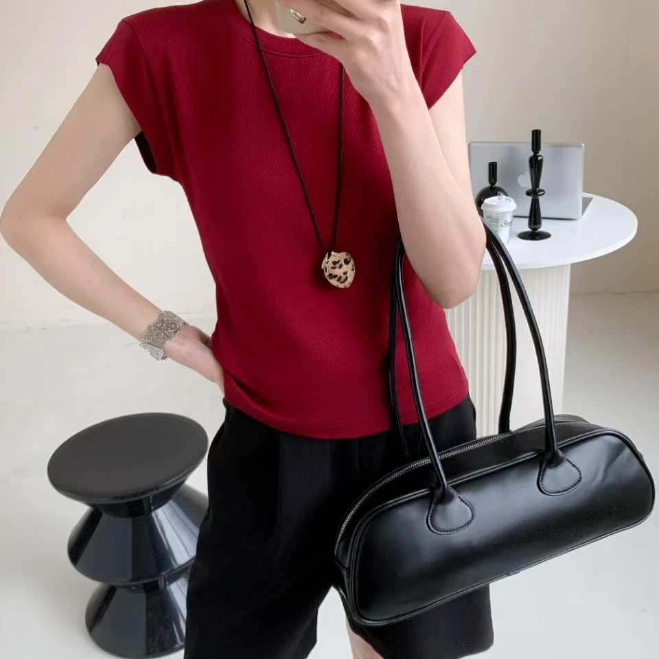 纯色圆领三分袖休闲风透气T恤网红宽松百搭ins气质洋气短款