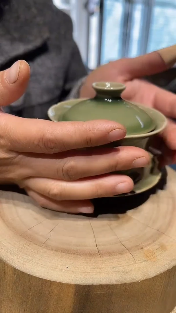 摆件陶原生态原矿葱绿盖碗瑕疵81号