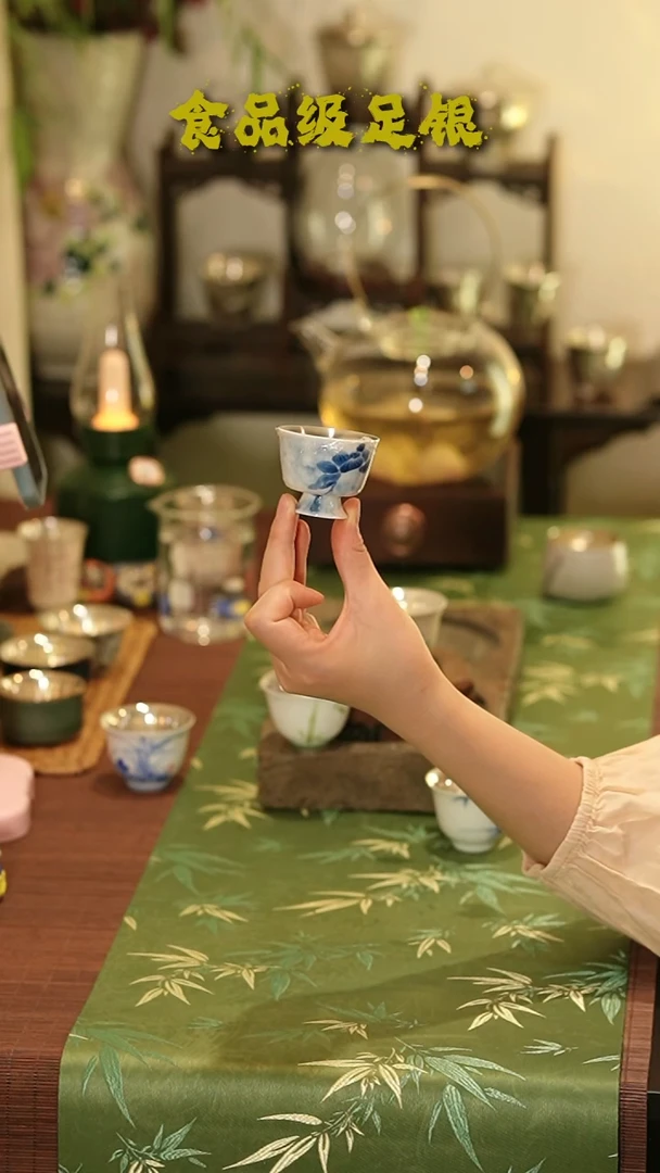 高足青花荷花999足银高温烧制