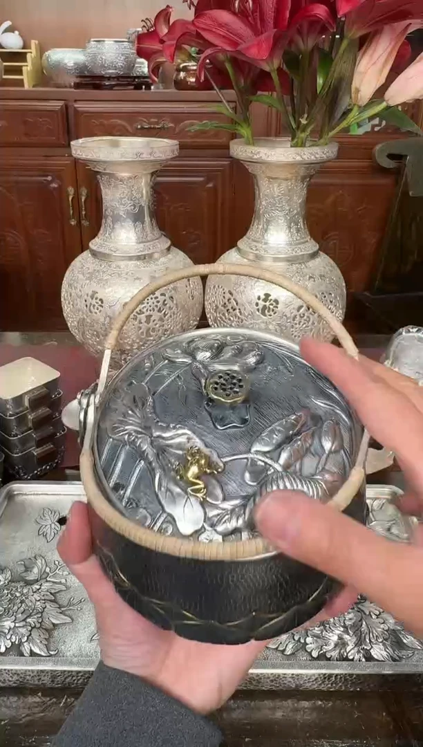 足银精工手工莲花熏色提梁泡茶烧水壶一体