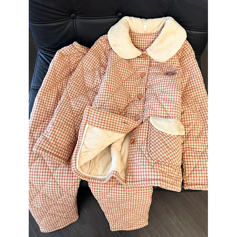 高级感撞色格子夹棉睡衣女冬季新款加厚保暖宽松可外穿家居服套装