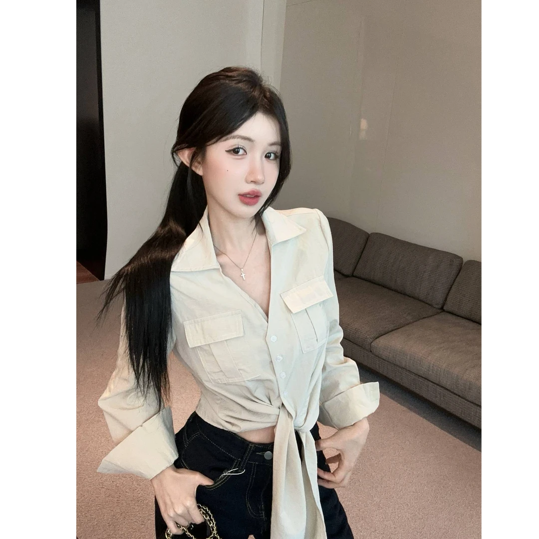 新款设计感法式V领气质慵懒下摆打结长袖衬衣上衣