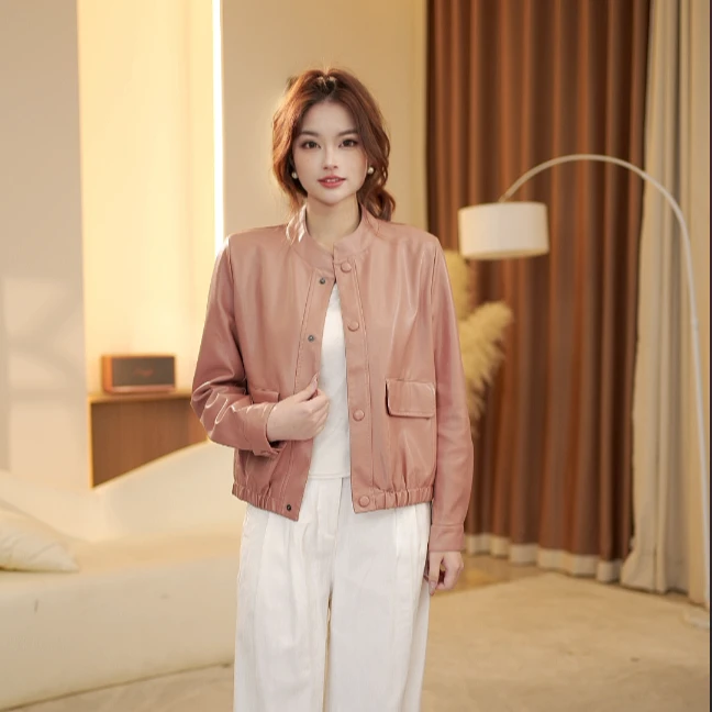 【七七】新2025女装皮衣短款百搭立领时尚休闲正肩韩版上衣77023