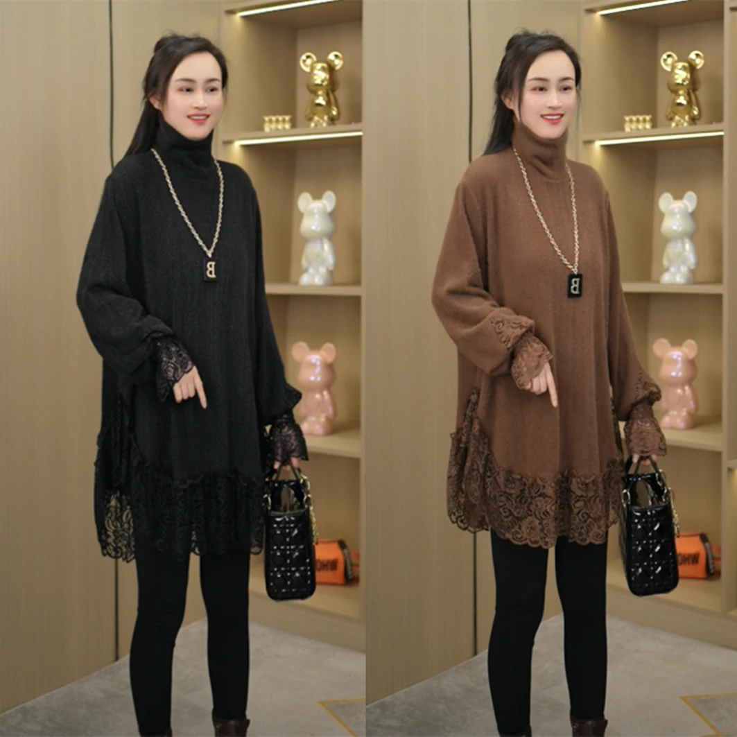 冬季新款  欧货高领水貂绒拼接蕾丝打底衫洋气时尚百搭上衣