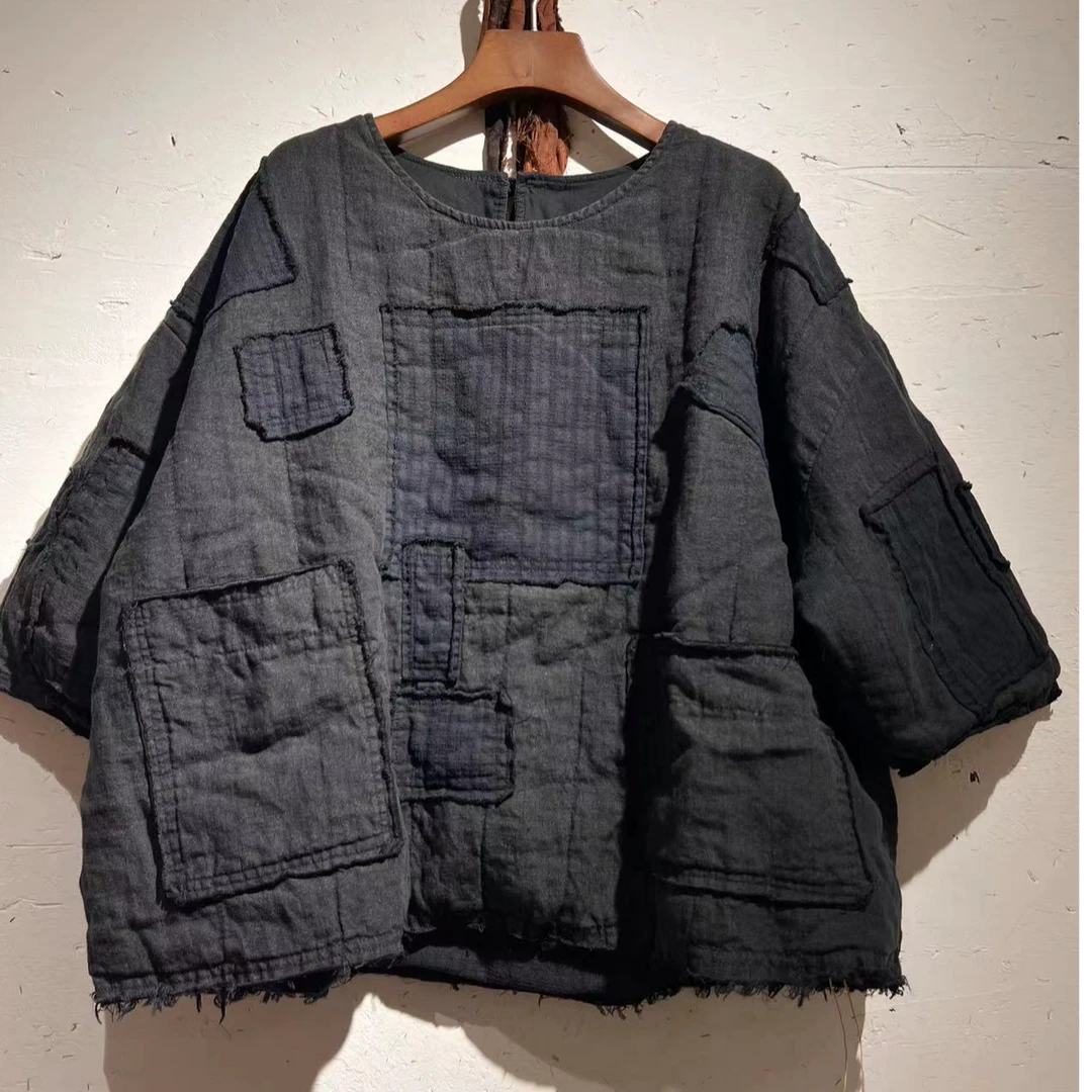 衣路-39378新款补丁套头麻料棉衣（长61围148）