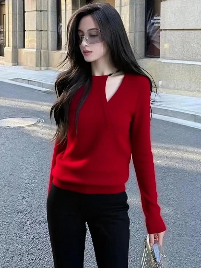 2025秋季高级感慵懒风独特别致T恤设计感小众不撞款红色针织衫女