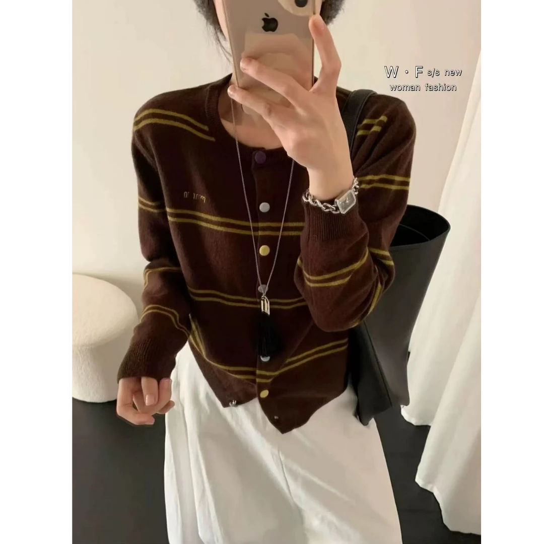 【咖啡条纹】秋冬时尚休闲百搭宽松开衫蓬松软糯毛衣针织衫女