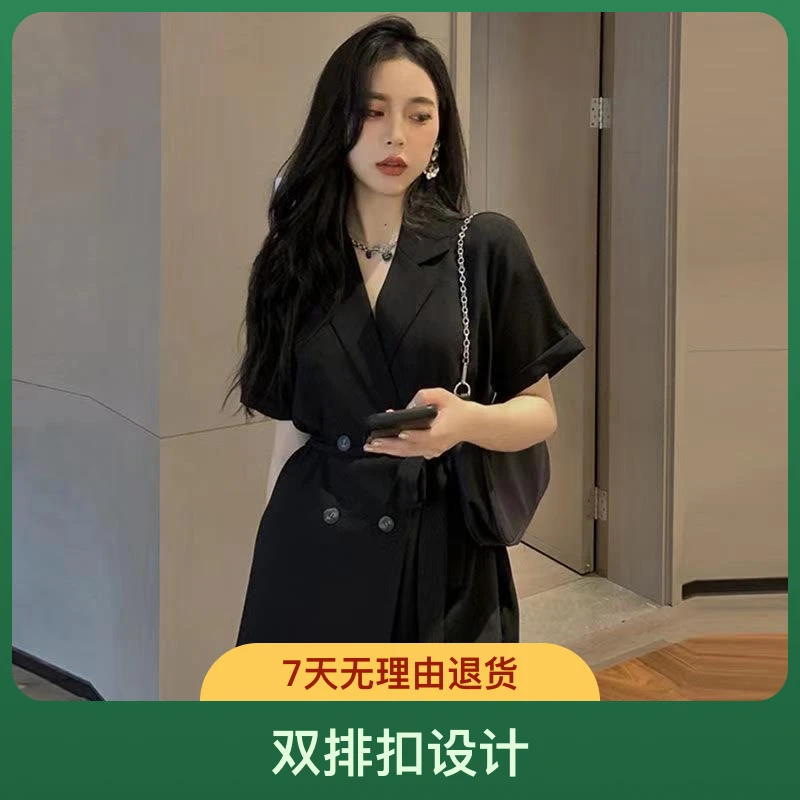 新款赫本风气质黑色职业休闲韩版连衣裙收腰女夏季双排扣