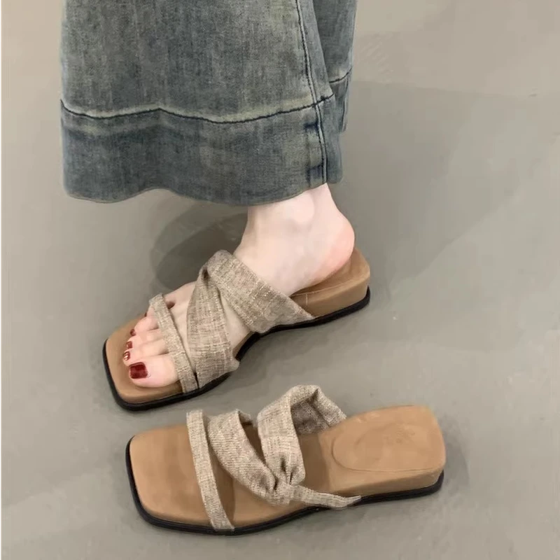 厚底露趾凉鞋女2025年夏季韩版复古亚麻波西米亚度假沙滩一字拖鞋