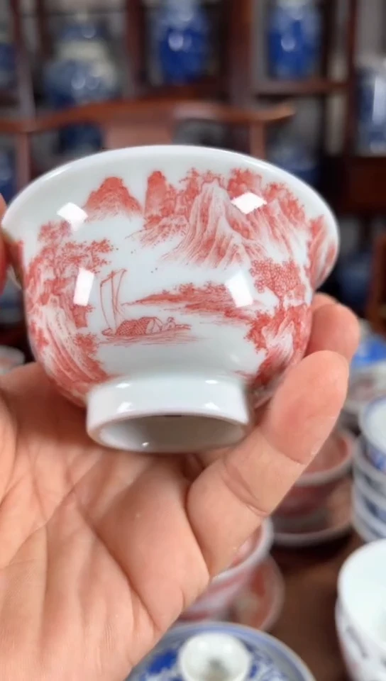 柴窑釉里红山水纹压手杯