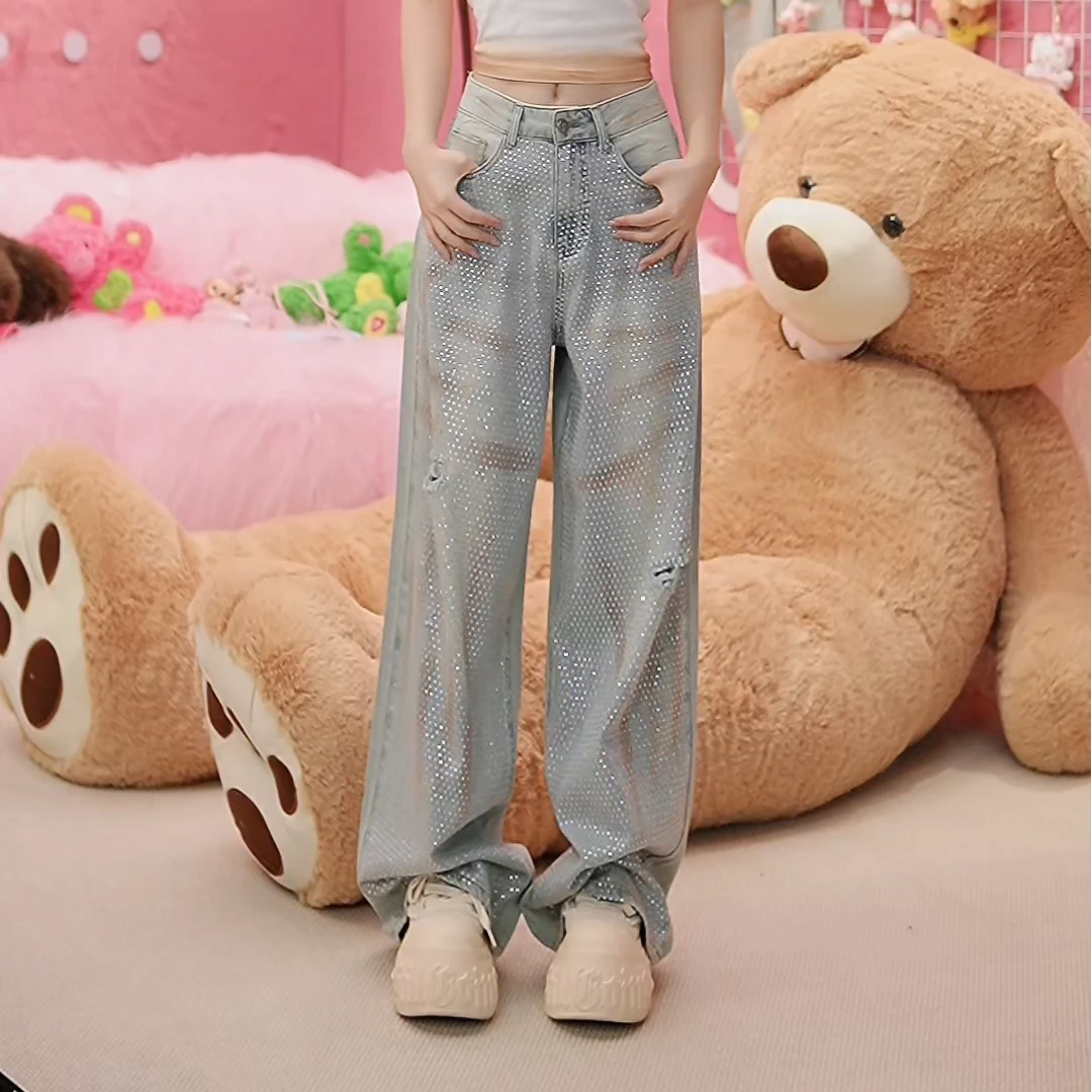 原创设计烫钻细闪洗水做旧甜酷破洞宽松牛仔裤高街阔腿直筒裤