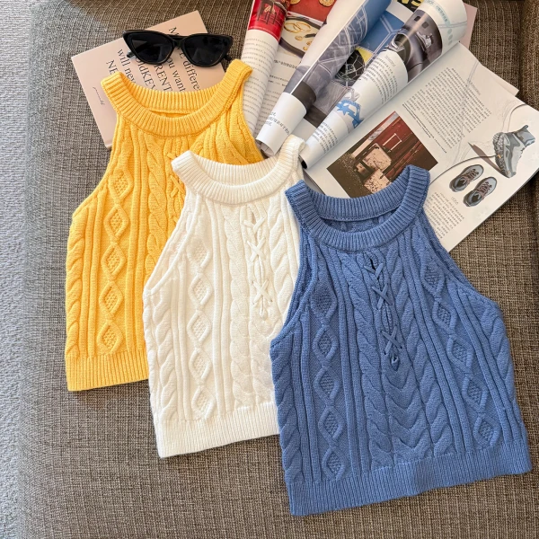 欧美风辣妹针织吊带背心女夏季外穿网红炸街新款镂空挂脖短款上衣