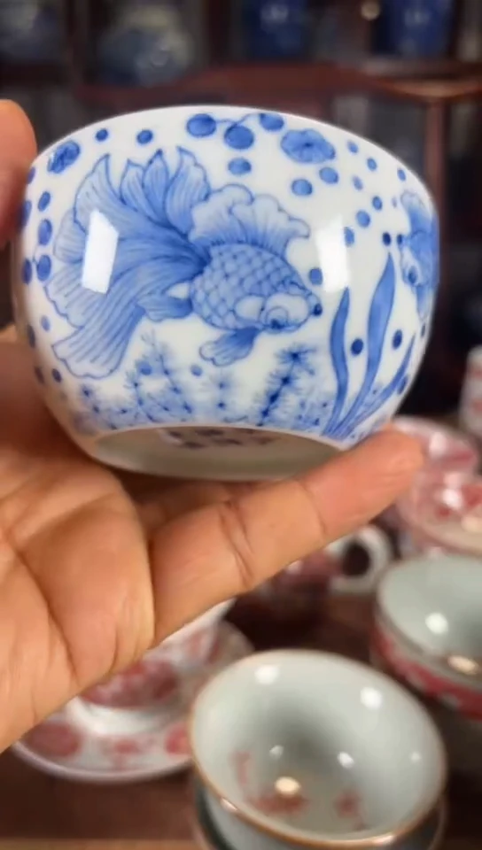 柴窑青花金玉满堂杯杯