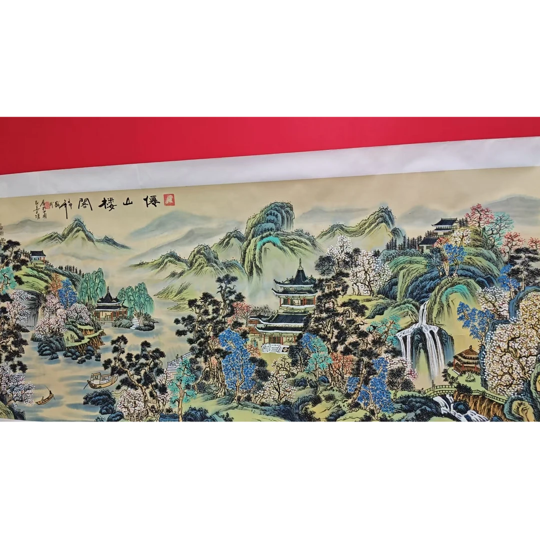 熊盛武手绘宣纸六尺横幅仙山楼阁山水画