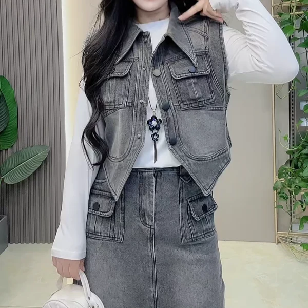 女士大码宽松休闲套装宽松韩版牛仔春秋马夹背心复古时尚休闲洋气