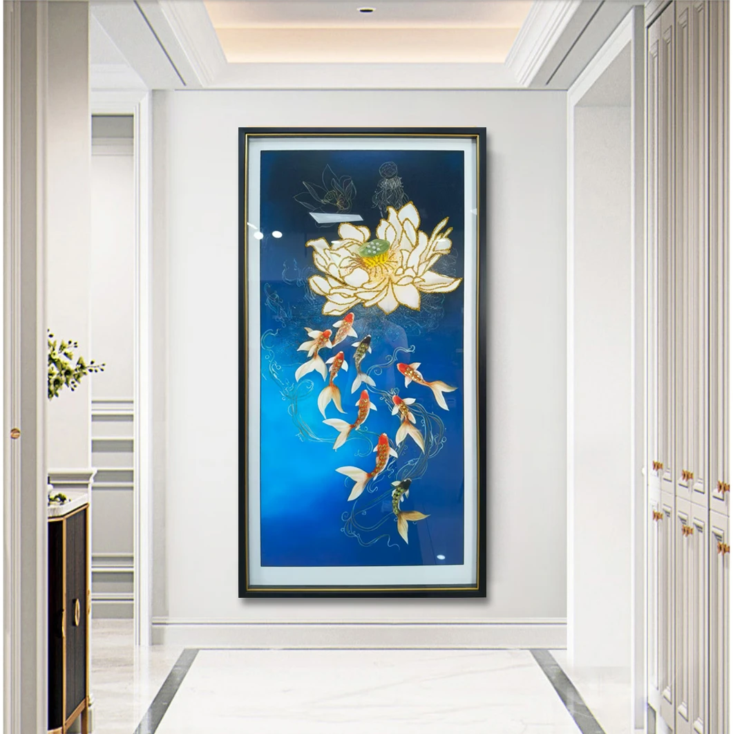 钢化玻璃【荷花九鱼图】 玄关装饰画寓意好竖版入户客厅挂画轻奢