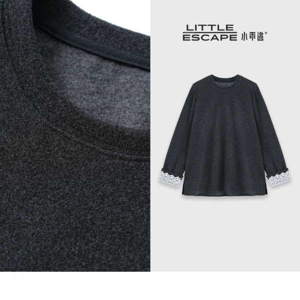 小乖逃时尚灰色卫衣净色圆领灰色蕾丝袖口纯色极简风保暖N95366
