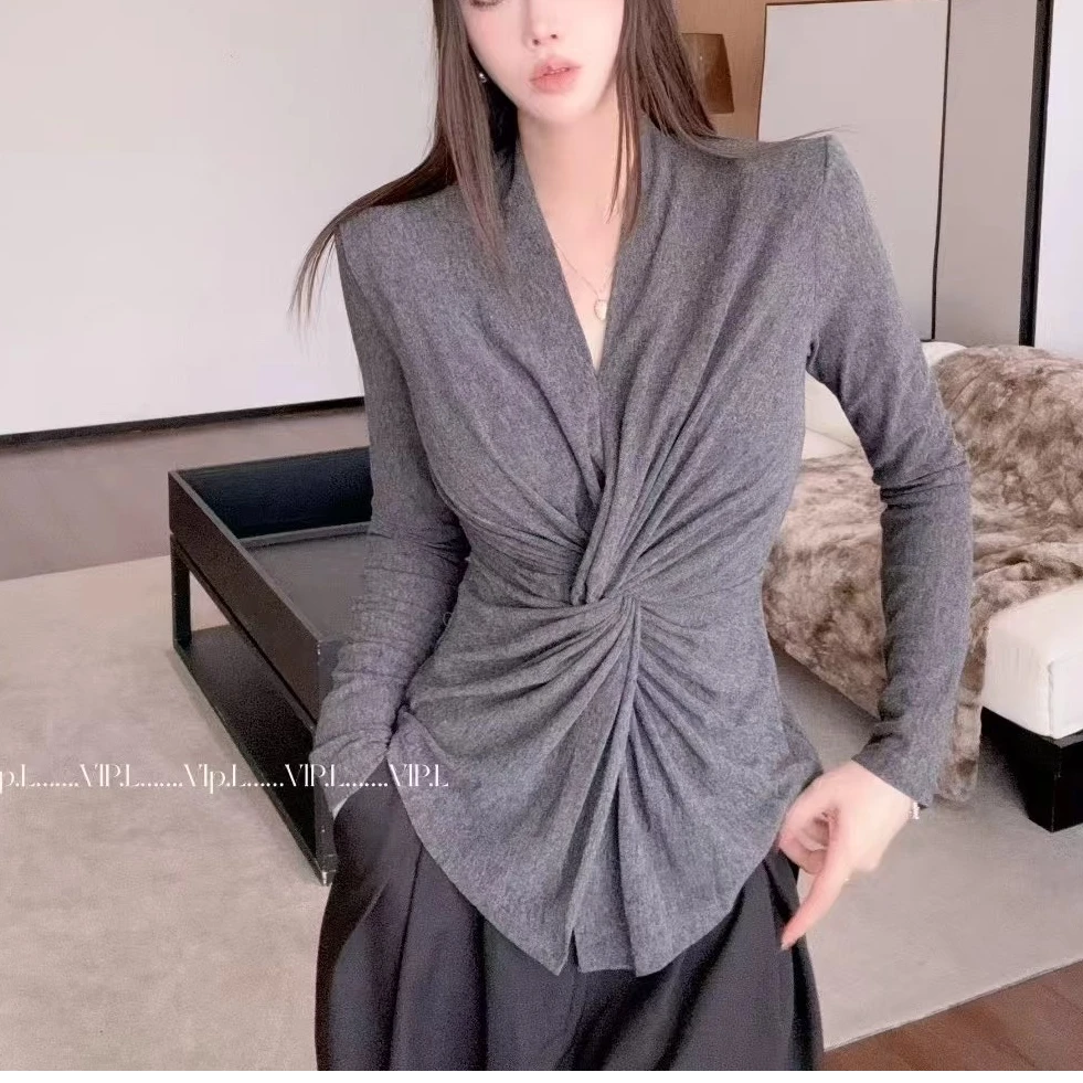 扭结v领修身长袖打底衫女2025早秋不规则设计感收腰显瘦T恤上衣
