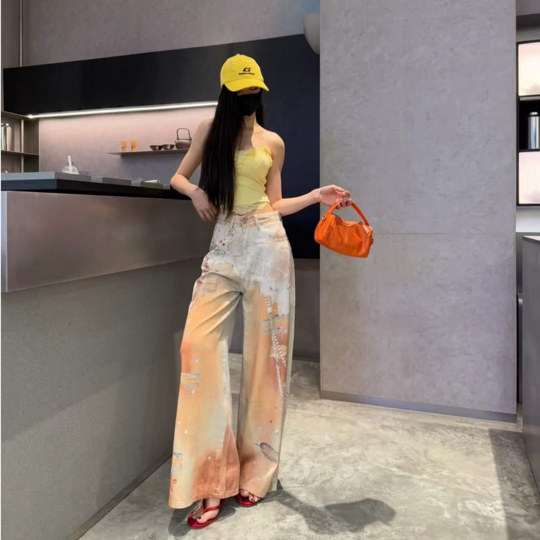 新款扎染印染休闲牛仔裤印花长款春夏无弹夏季裤子显瘦宽松渐变色