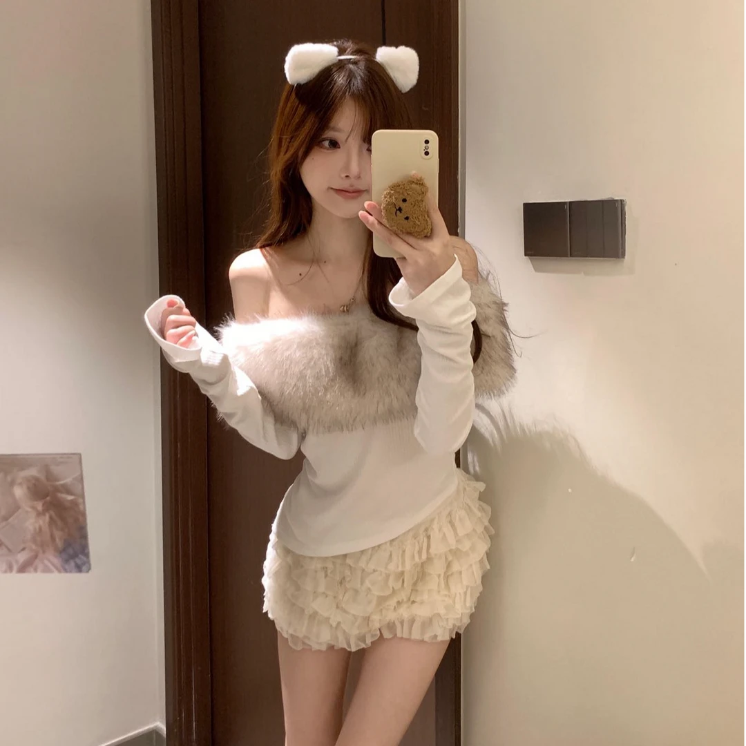 性感辣妹毛领一字肩洋气修身上衣长袖气质显瘦休闲百搭半裙两件套