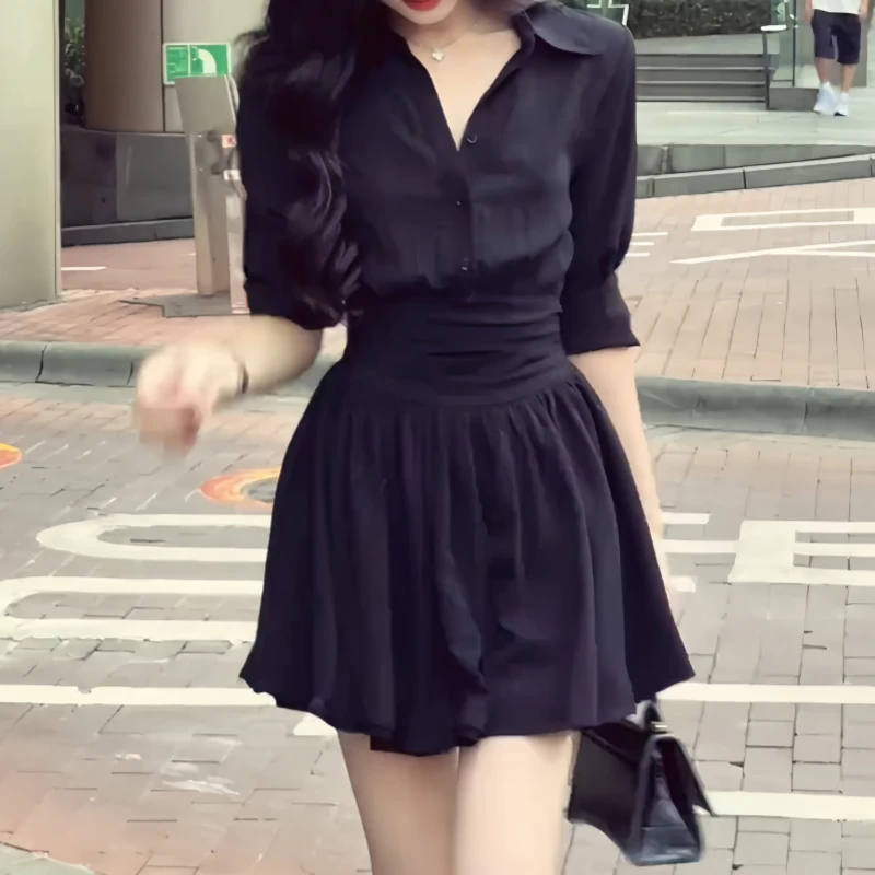 气质polo领黑色衬衫连衣裙女秋季收腰显瘦时尚小众设计感短裙子女