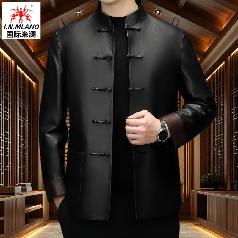 秋季新款中国风真皮皮衣男士绵羊皮唐装夹克中年汉服中式中山外套