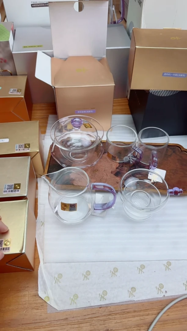 禾器粉金标禅语盖碗浅紫+禾金标澄然紫+禾金标茶漏紫+禾器对杯紫