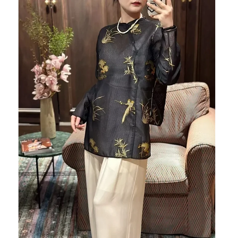 【刘家】春辰绣布梅兰竹菊提花长袖衬衫外套+半裙套装